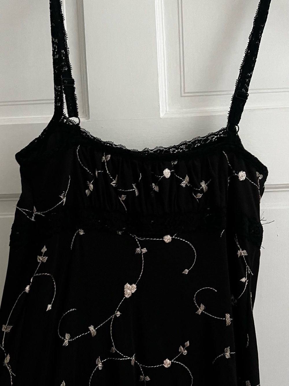 Urban Outfitters Black Slip Dress with Cream Floral Embroidery